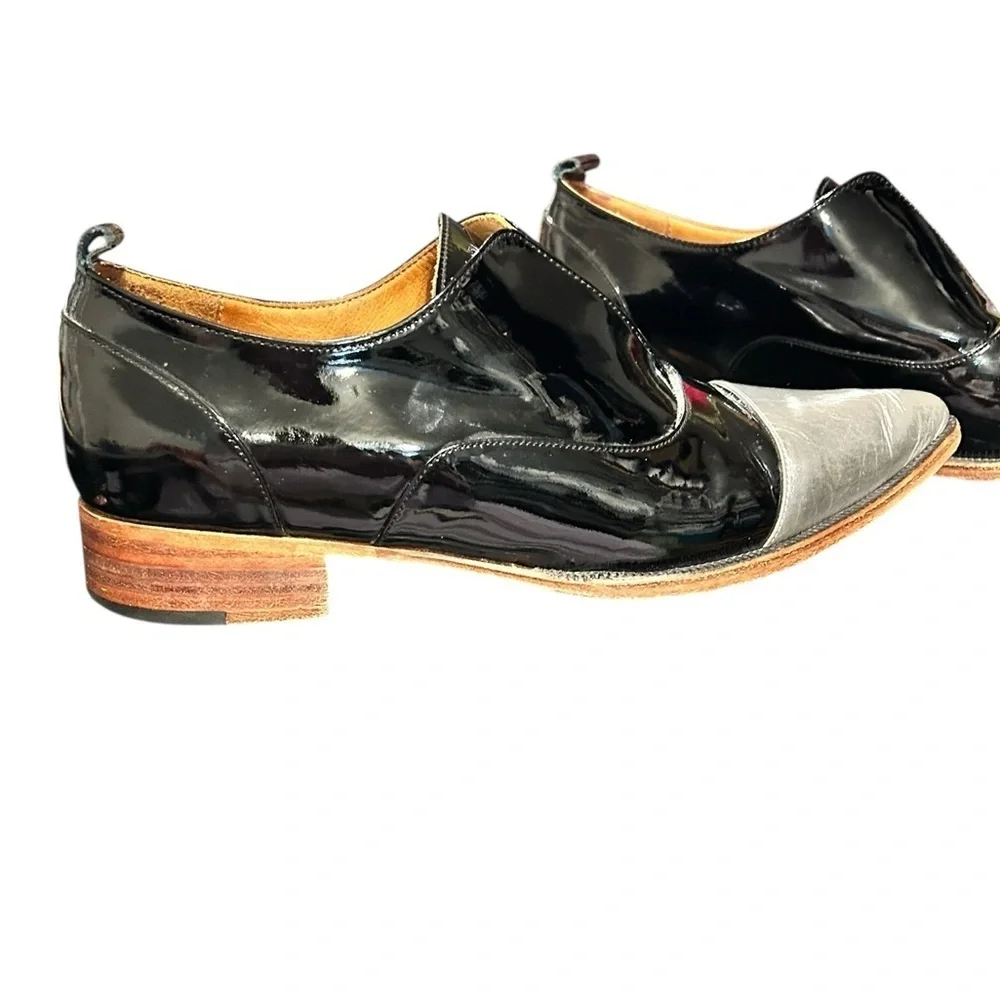 GEKKE Slipper Bun Black Patent Leather Metallic Silver Leather Oxford Loafers W7